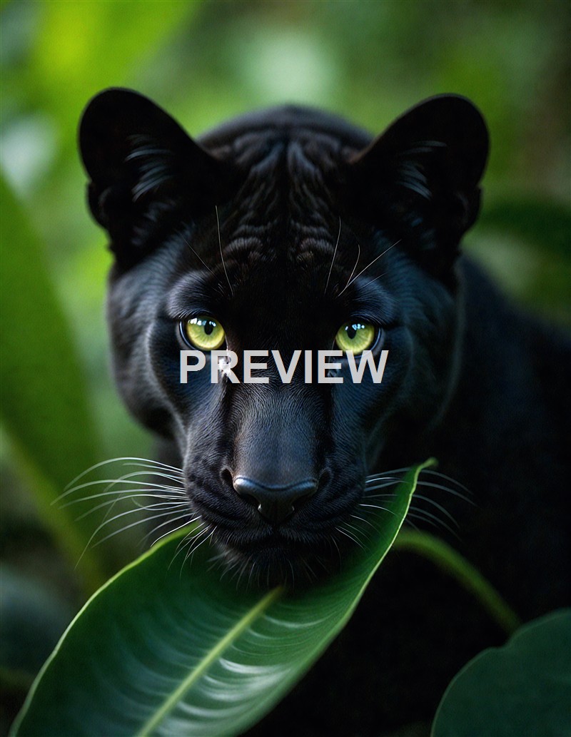 A close-up image of a black panther with piercing green eyes, partially obscured by large green leaves in a lush jungle setting.
